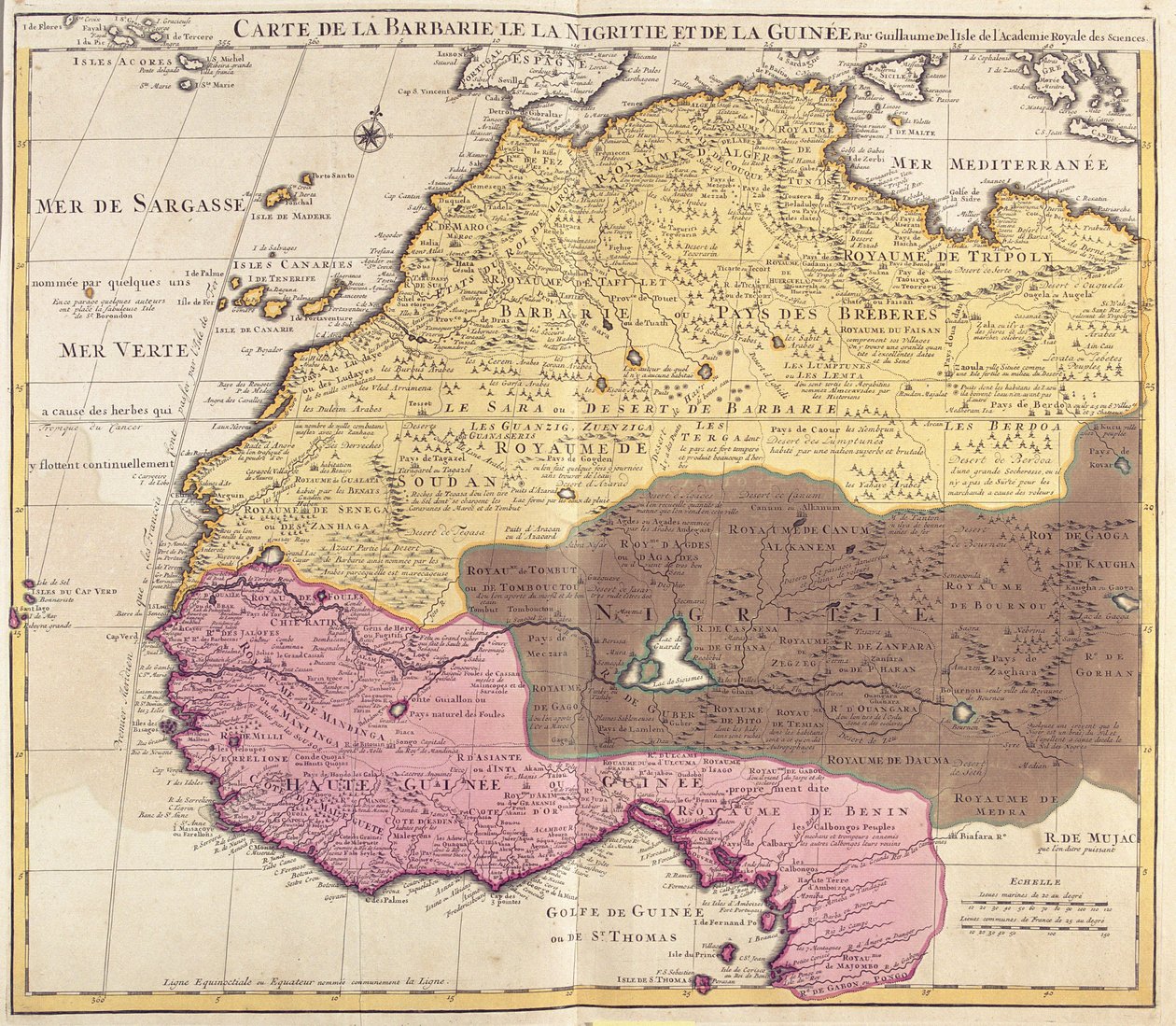 Barbarian (Marokko, Algeria, Tunisia, Libya), Nigrituden (Mali, Burkina Faso, Niger) ja Guinean (Senegal, Guinea, Sierra Leone, Liberia, Norsunluurannikko, Ghana, Togo, Benin, Nigeria) kartta (etsaus) tekijältä Guillaume Delisle
