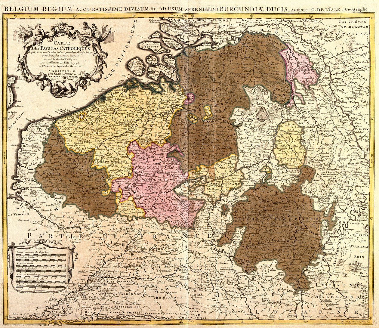 Katolisen Alankomaiden (Belgia ja Luxemburg) kartta (etsaus tekijältä Guillaume Delisle