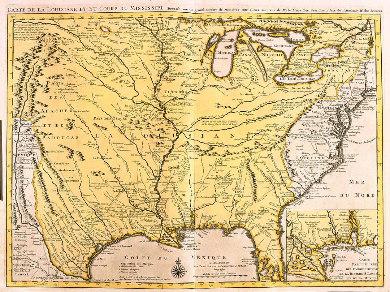 Louisianan (USA) ja Mississippi-joen kartta (etsaus tekijältä Guillaume Delisle