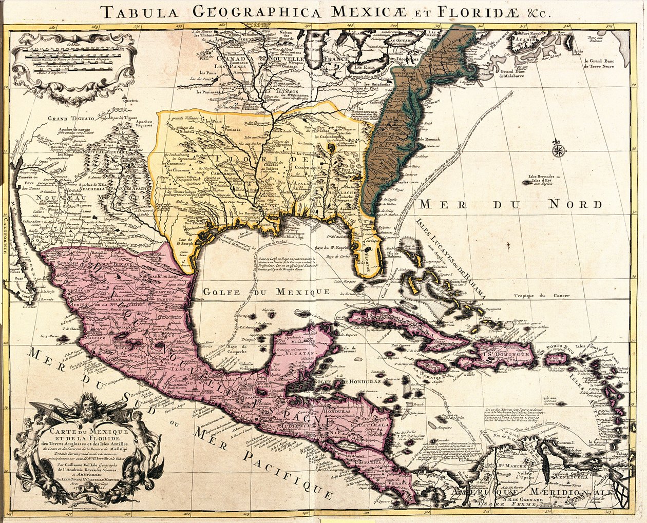 Meksikon ja Floridan (USA) kartta Karibian saarilla (Kuuba, Haiti, Jamaika, Antillit) (etsaus tekijältä Guillaume Delisle