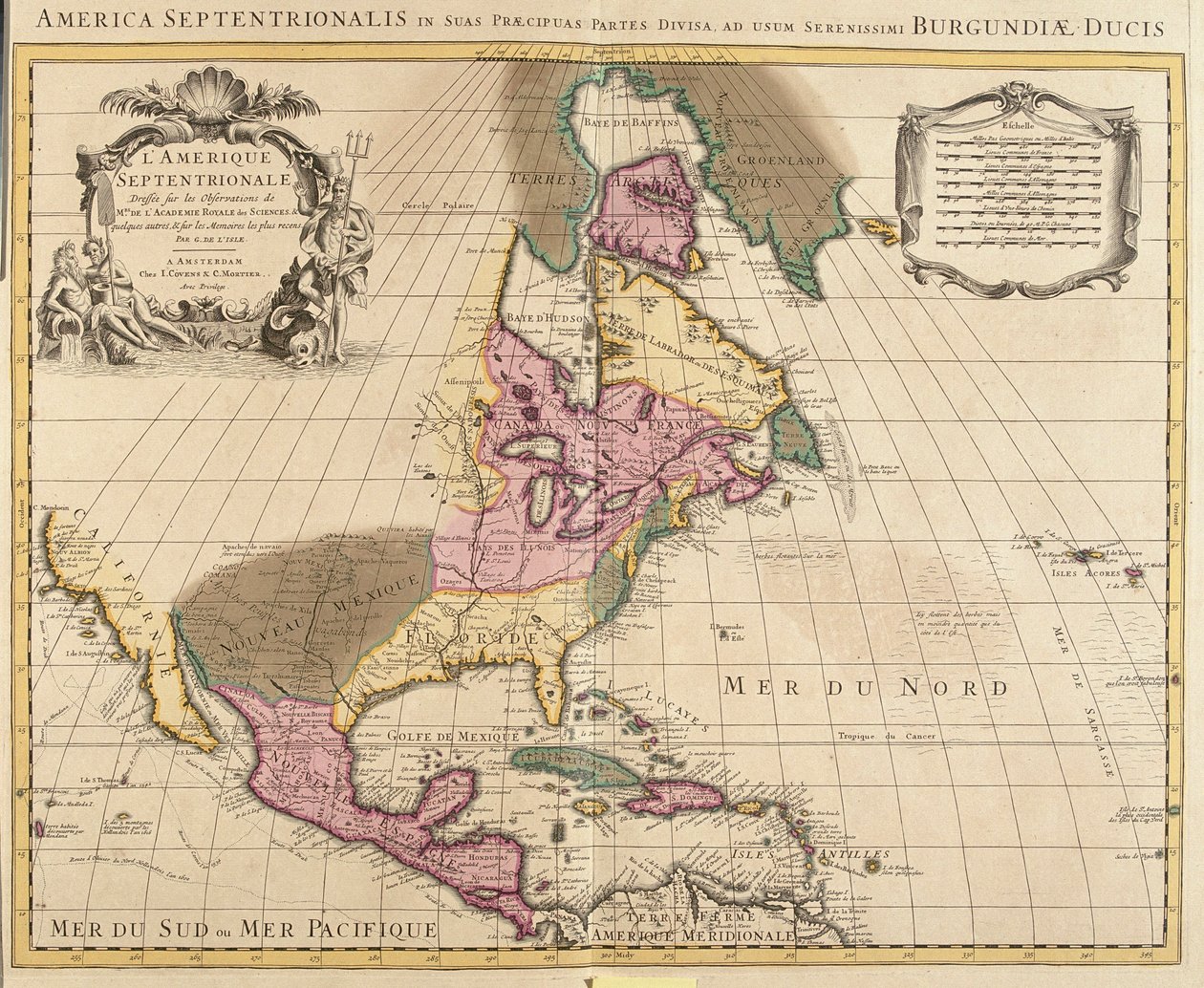 Pohjois-Amerikan kartta (Grönlanti, Kanada, USA, Meksiko ja Karibian saaret: Kuuba, Haiti, Jamaika, Länsi-Intia) (etsaus tekijältä Guillaume Delisle