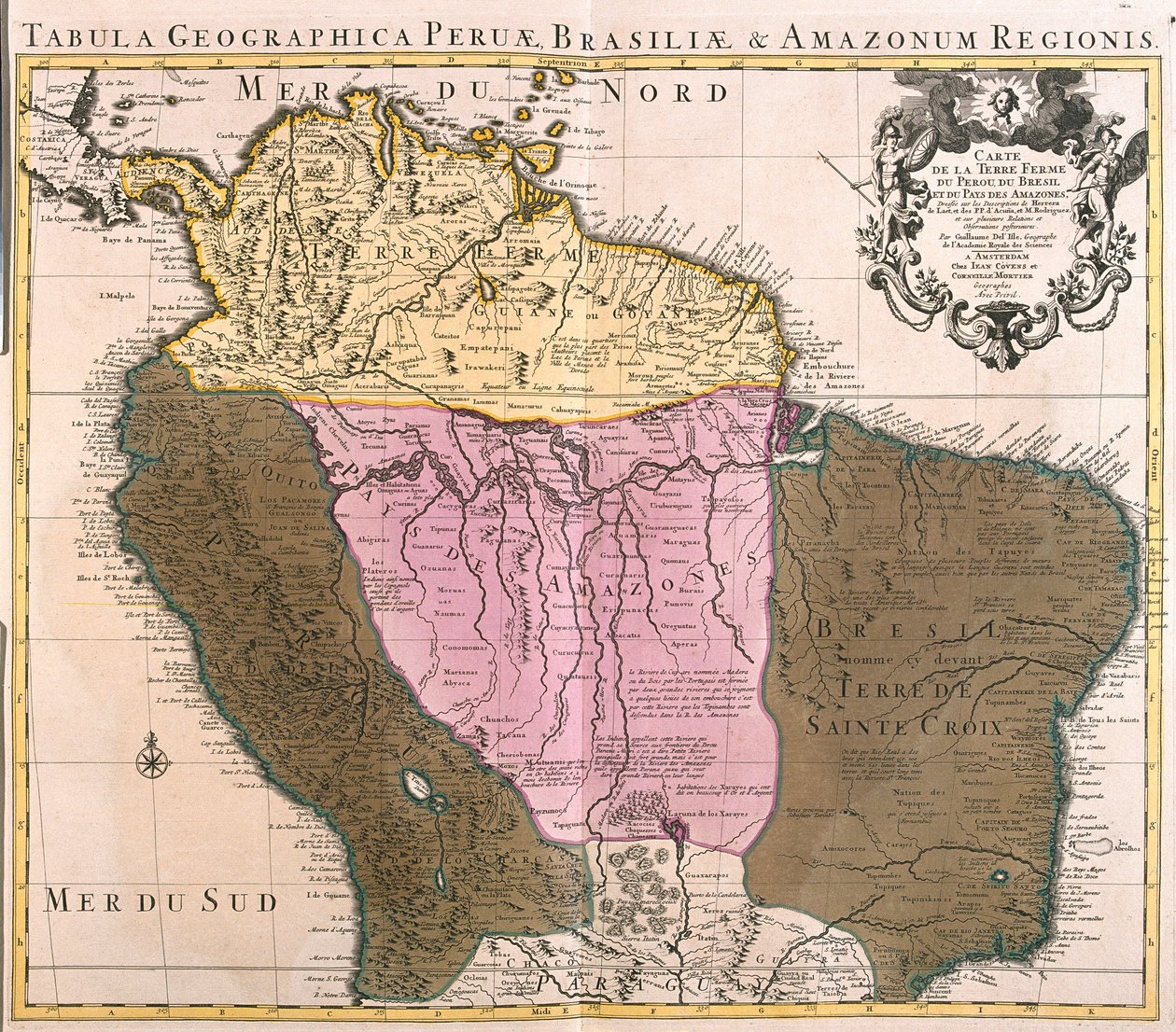 Perun, Guyanan, Brasilian ja Amazonin alueiden kartta (etsaus tekijältä Guillaume Delisle