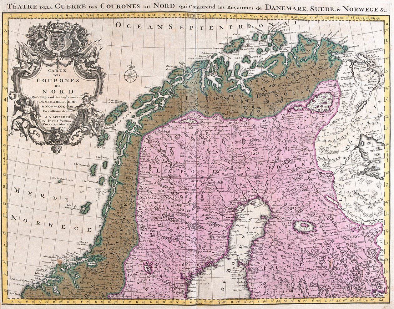 Pohjoismaiden, Tanskan, Ruotsin ja Norjan kuningaskuntien kartta (etsaus tekijältä Guillaume Delisle