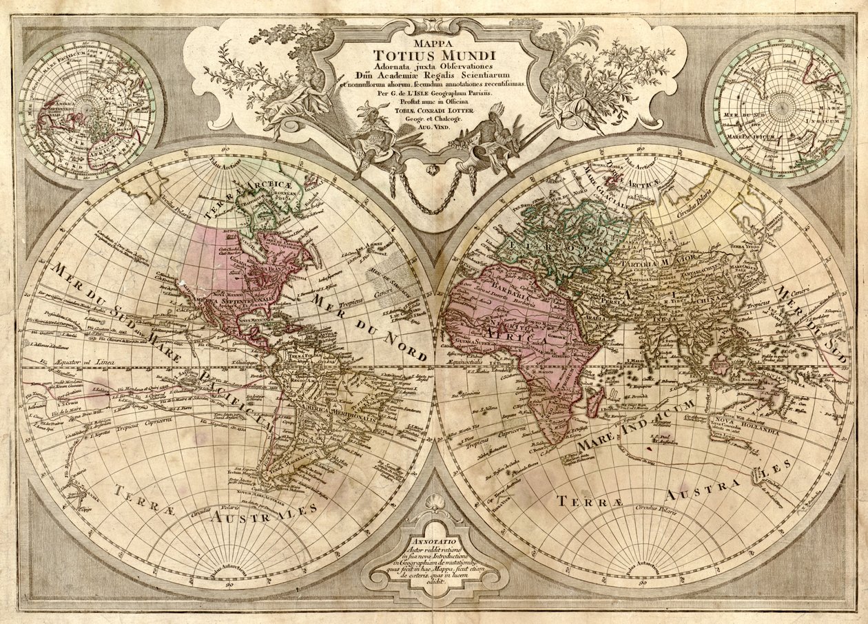 Mappa totius mundi - adornata juxta observationes dnn. academiae regalis scientiarum et nonnullorum aliorum secundum annotationes recentissimas LOC 2006627254 tekijältä Guillaume Delisle