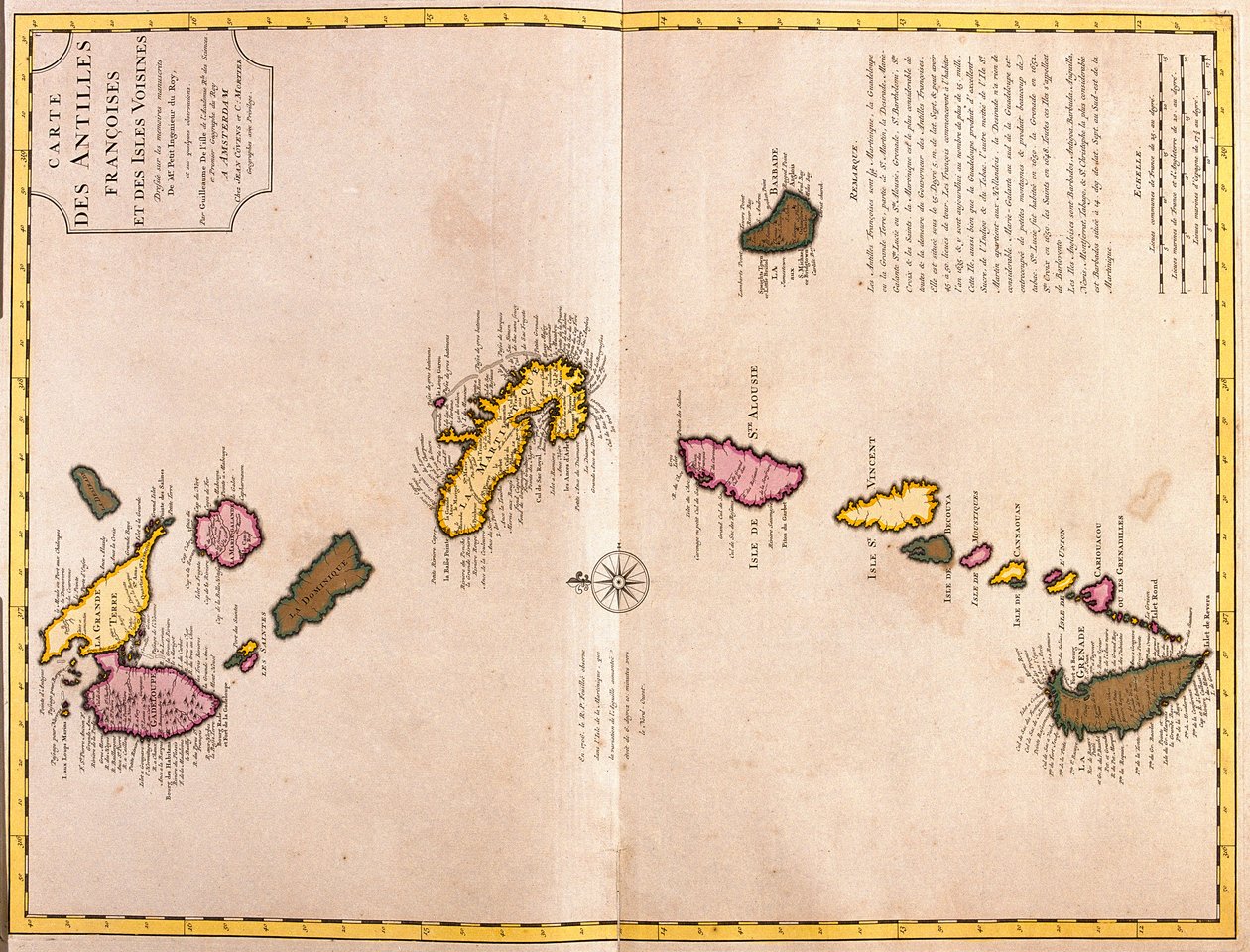 Karibian saarten kartat (Guadeloupe, Marie Galante, Dominica, Martinique, Saint Lucia, Saint Vincent, Barbados, Grenadiinit ja Grenada) (etsaus tekijältä Guillaume Delisle