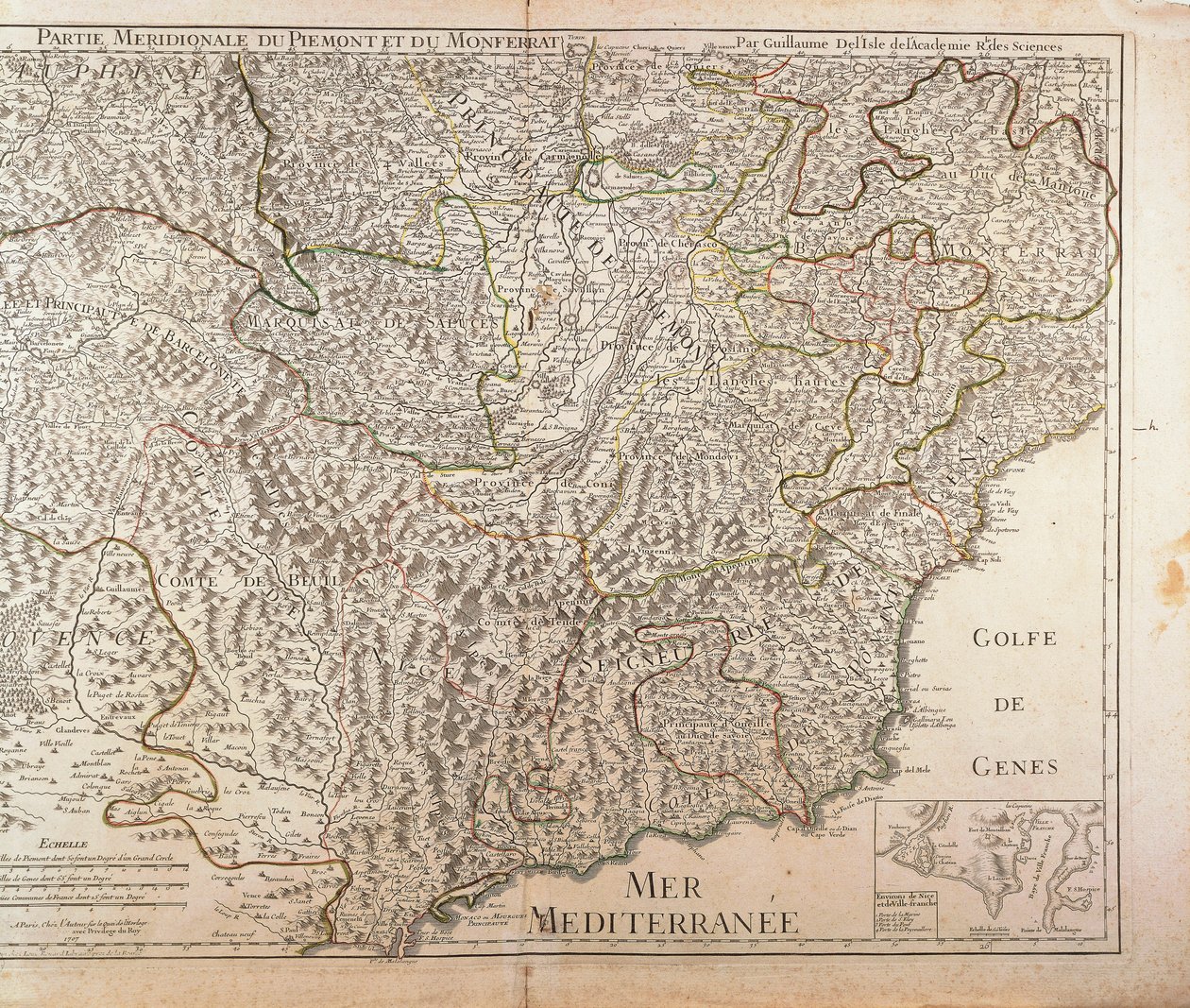 Etelä-Piemonten alue, Monferrato ja Länsi-Ligurian alue. Kartta Guillaume de l