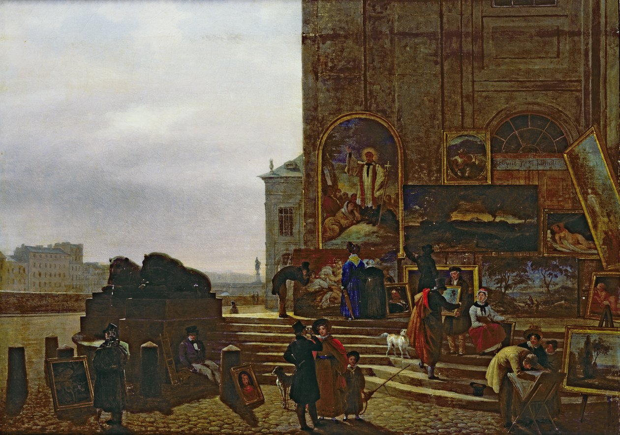 Maalausten myynti Institut de Francen ulkopuolella, 1837 tekijältä Guillaume Frederic Ronmy