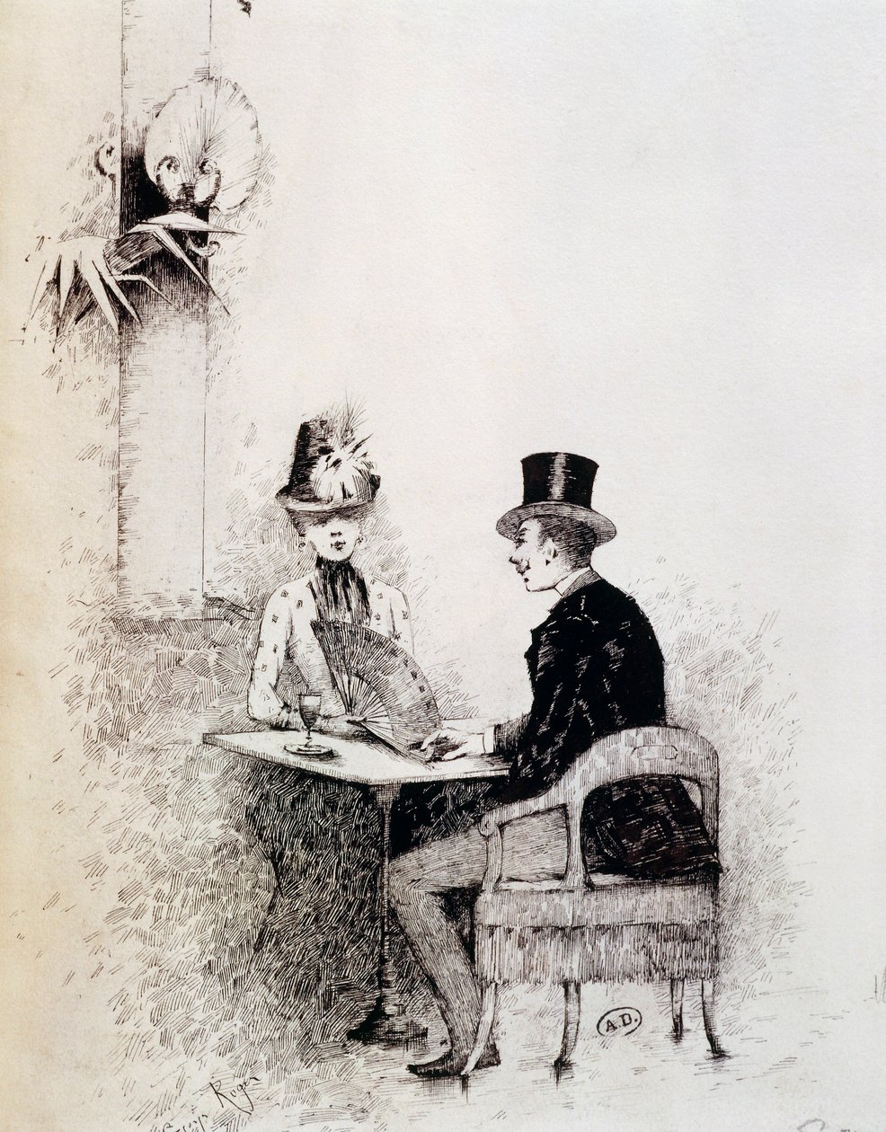 Pariskunta pariisilaisessa kahvilassa (muste paperille) tekijältä Guillaume Georges Roger