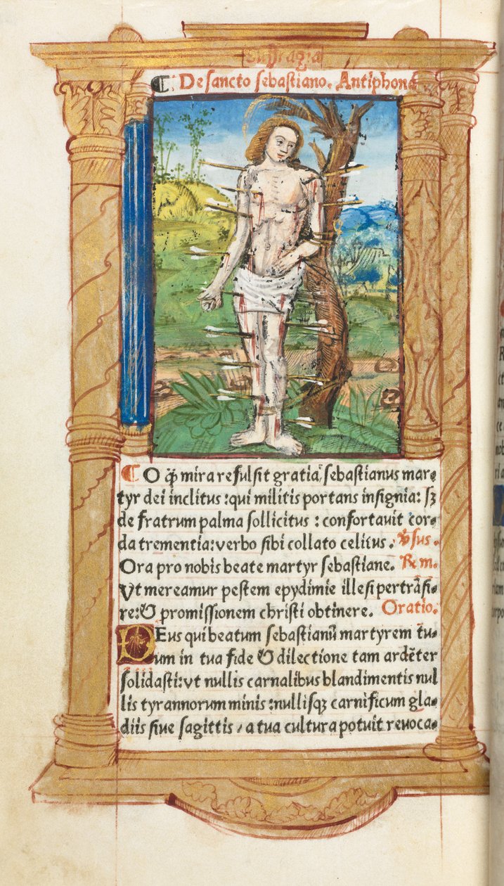 Painettu tuntikirja (Rooman käyttö): fol. 102v, St. Sebastian. tekijältä Guillaume Le Rouge