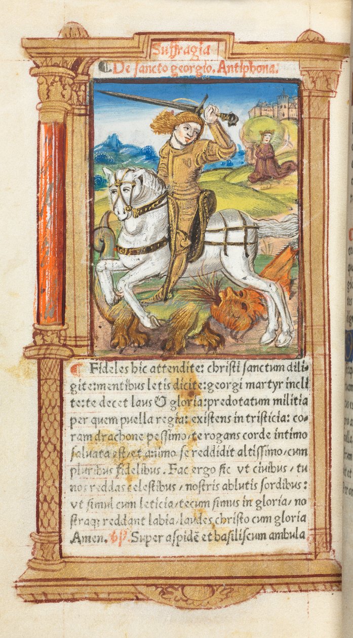 Painettu tuntikirja (Rooman käytössä): fol. 103v, Pyhä Yrjö tappaa lohikäärmeen. tekijältä Guillaume Le Rouge