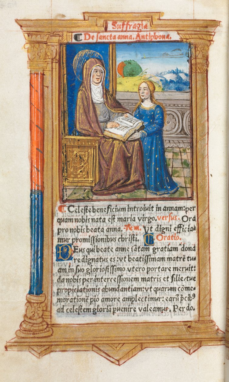 Painettu tuntikirja (Rooman käytössä): fol. 108v, Pyhä Anna ja Neitsyt Maria. tekijältä Guillaume Le Rouge