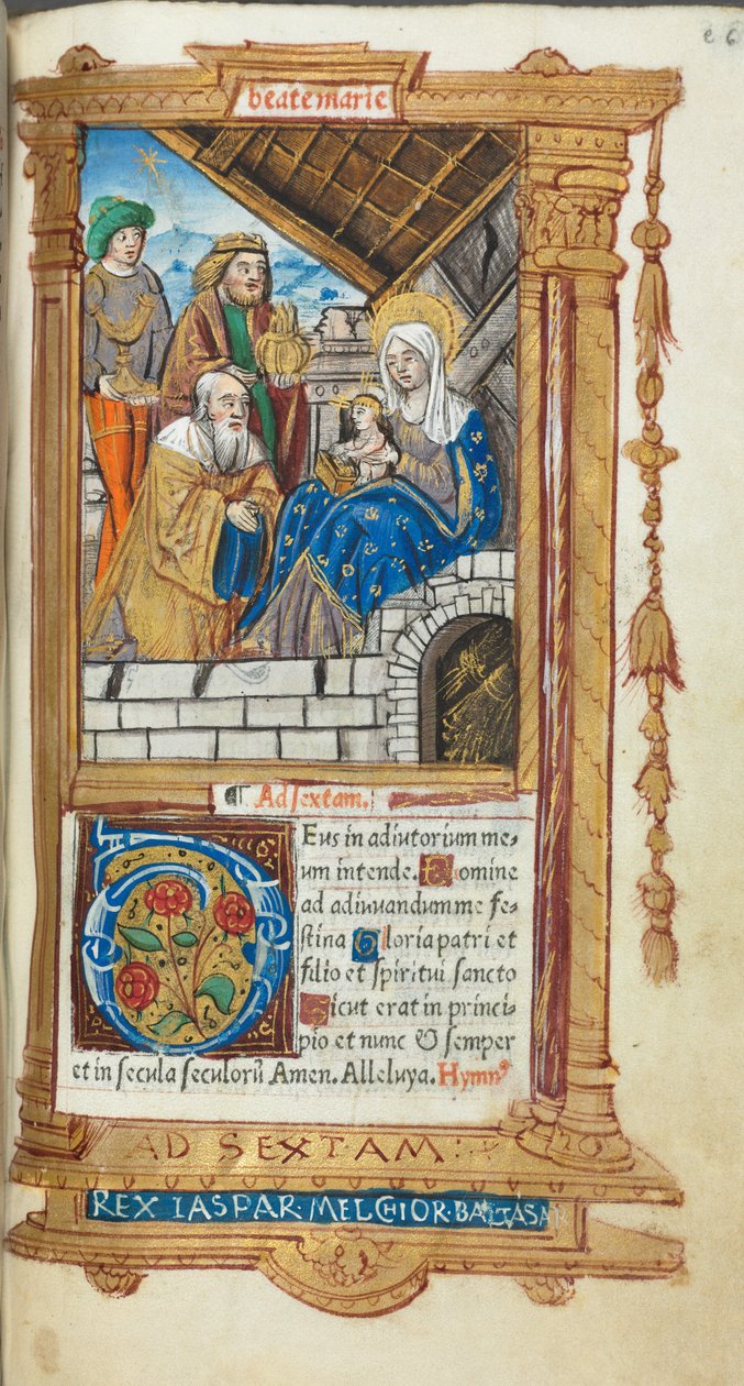 Painettu tuntikirja (Rooman käytössä): fol. 38r, Magi Adoration of the Magi (tietäjien palvominen). tekijältä Guillaume Le Rouge