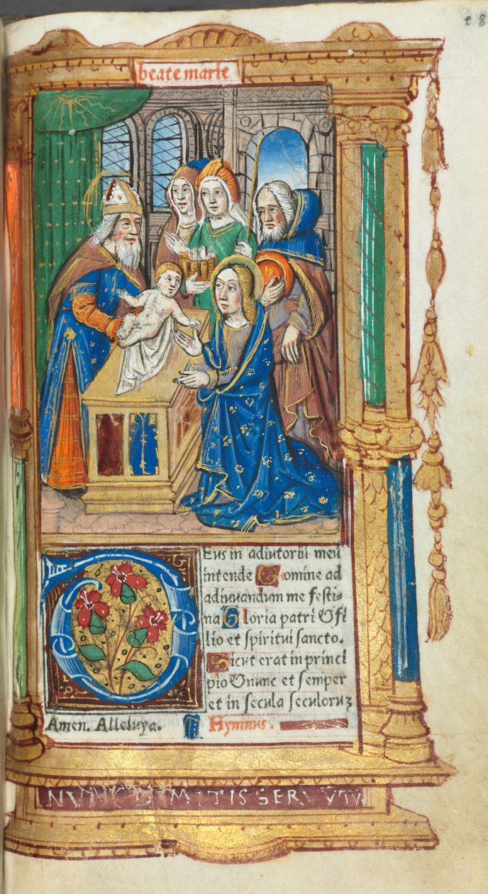 Painettu tuntikirja (Rooman käytössä): fol. 40r, esitys temppelissä. tekijältä Guillaume Le Rouge