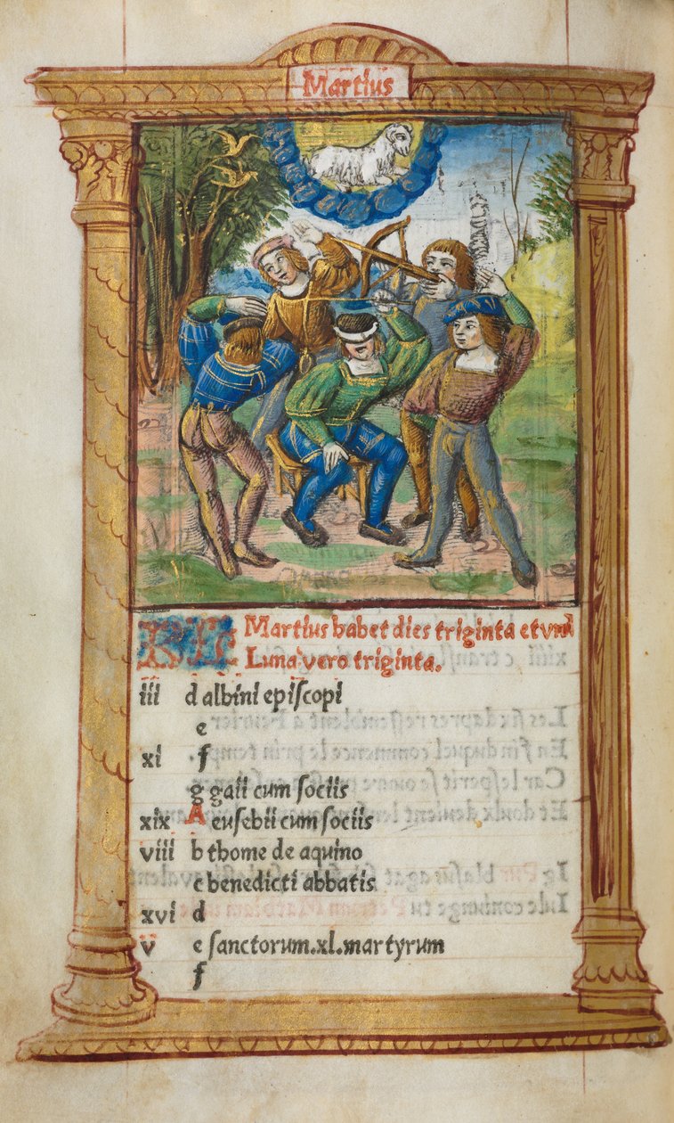Painettu tuntikirja (Rooman käyttö): fol. 4v, maaliskuun kalenterin kuva. tekijältä Guillaume Le Rouge