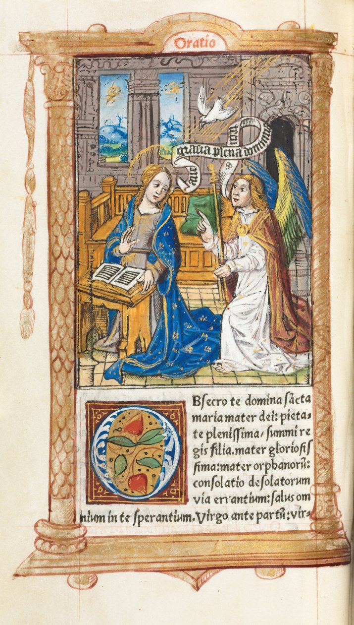 Painettu tuntikirja (Rooman käytössä): fol. 60v, Marian ilmestys. tekijältä Guillaume Le Rouge