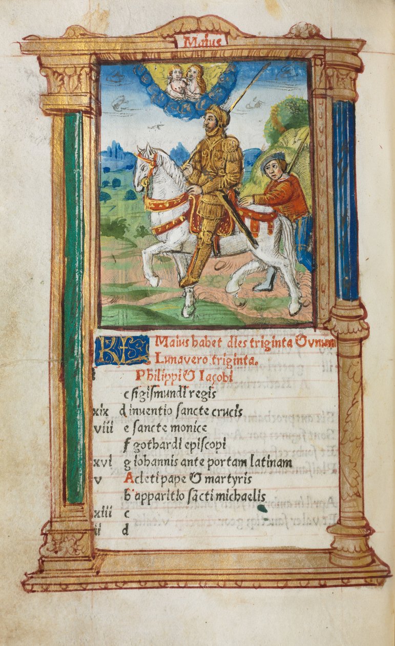 Painettu tuntikirja (Rooman käyttö): fol. 6v, toukokuun kalenterin kuva. tekijältä Guillaume Le Rouge