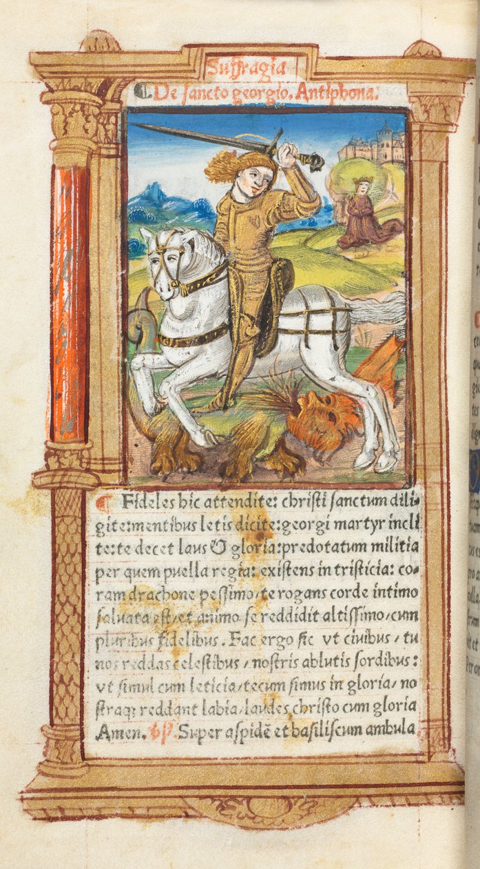Painettu tuntikirja Rooman käyttö: fol. 103v, St. George Slaying the Dragon, 1510. tekijältä Guillaume Le Rouge