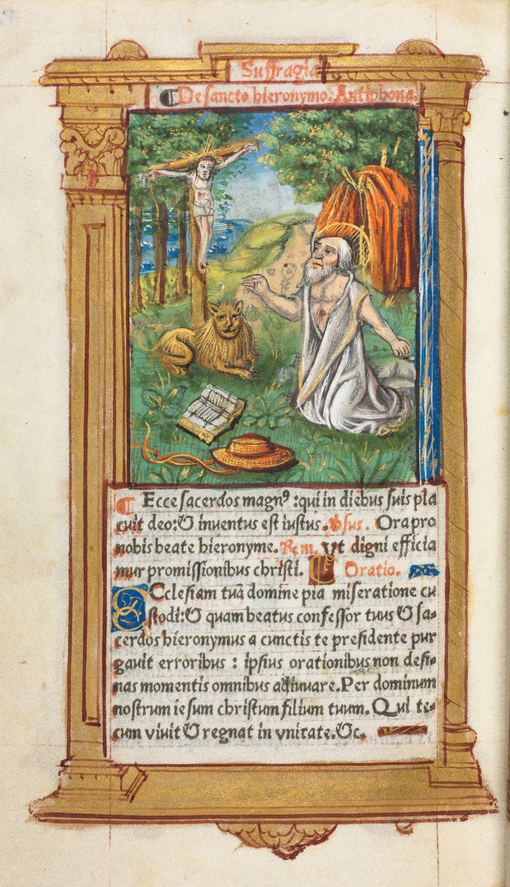 Painettu tuntikirja Rooman käyttö: fol. 107v, St. Jerome ja leijona, 1510. tekijältä Guillaume Le Rouge