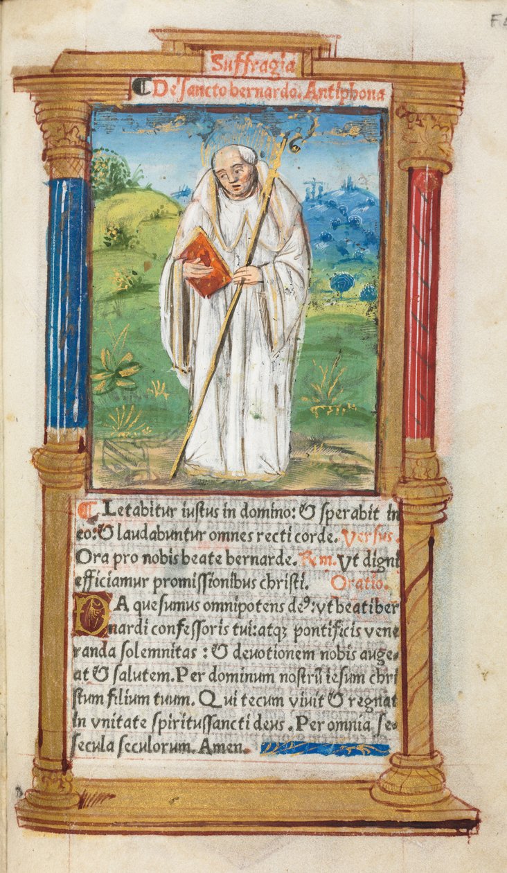 Painettu tuntikirja Rooman käyttö: fol. 108r, St. Bernard of Clairvaulx, 1510. tekijältä Guillaume Le Rouge