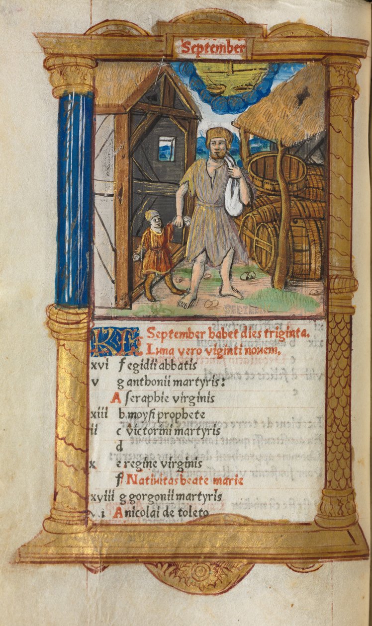 Painettu tuntikirja Rooman käyttö: fol. 10v, syyskuun kalenterikuva, 1510. tekijältä Guillaume Le Rouge