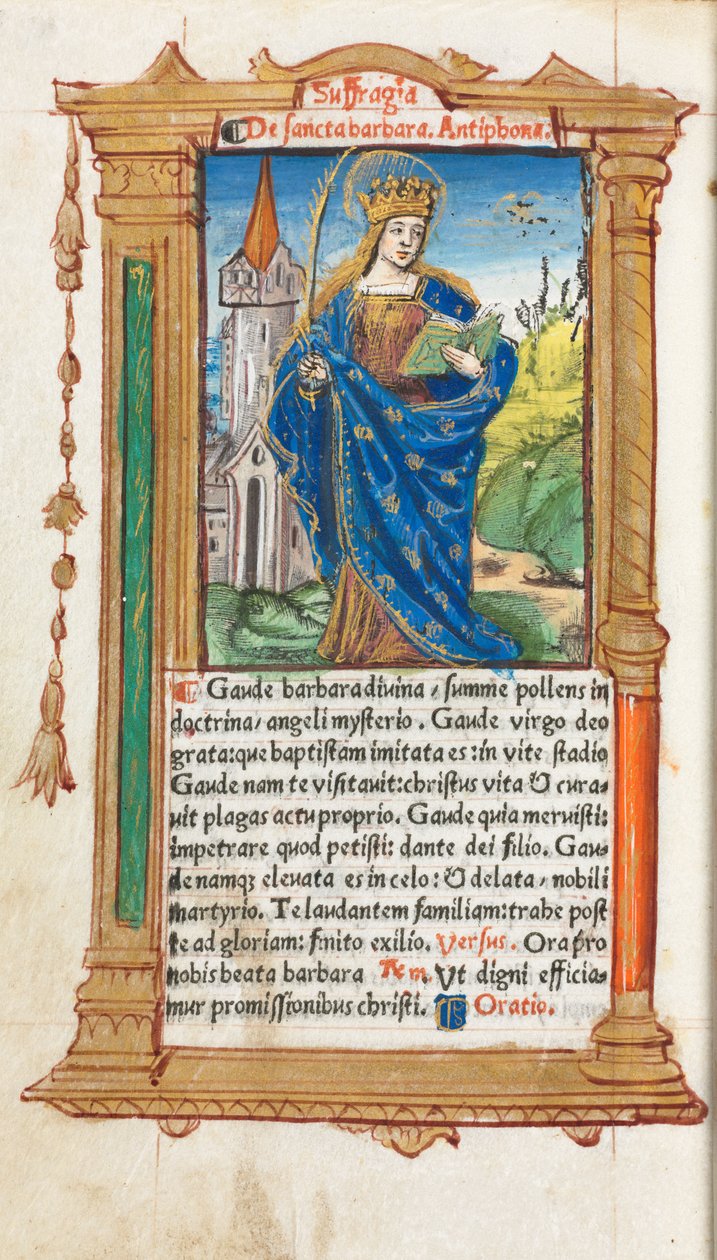 Painettu tuntikirja Rooman käyttö: fol. 110v, St. Barbara, 1510. tekijältä Guillaume Le Rouge
