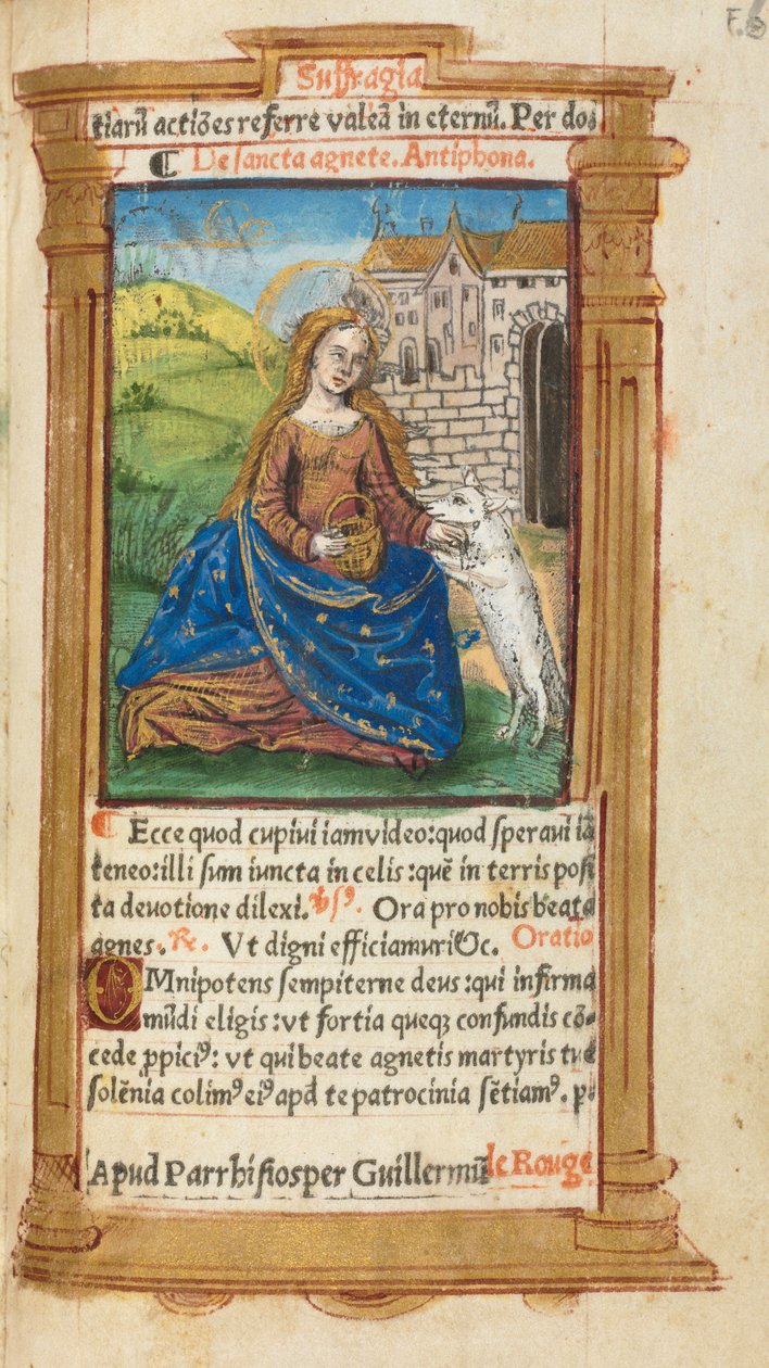 Painettu tuntikirja Rooman käyttö: fol. 112r, St. Agnes, 1510. tekijältä Guillaume Le Rouge
