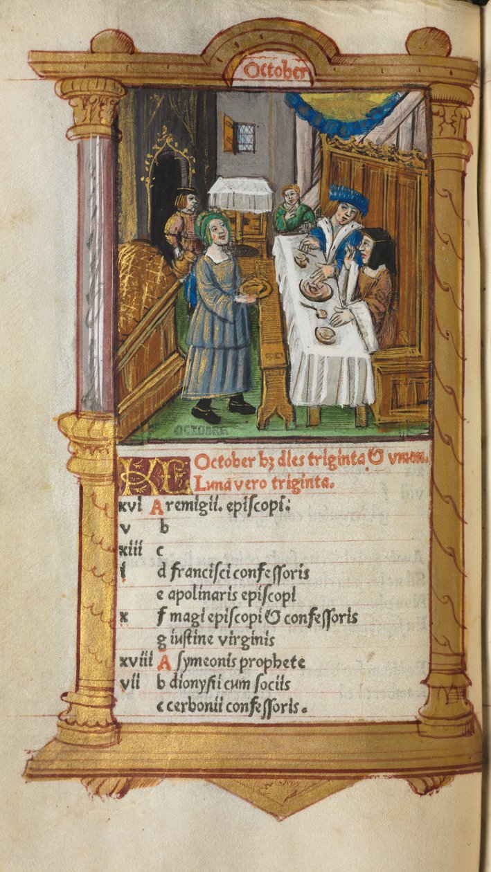 Painettu tuntikirja Rooman käyttö: fol. 11v, lokakuun kalenterisivu, 1510. tekijältä Guillaume Le Rouge