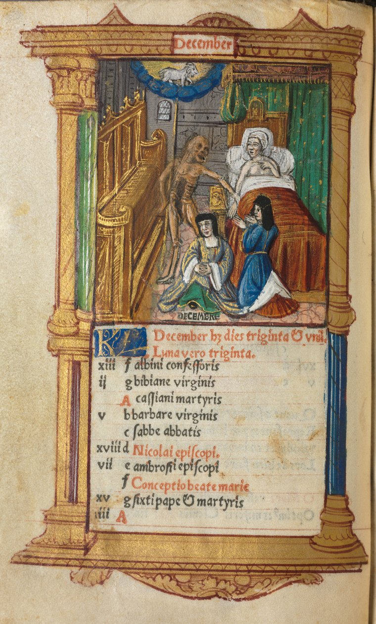 Painettu tuntikirja Rooman käyttö: fol. 13v, joulukuun kalenterisivu, 1510. tekijältä Guillaume Le Rouge