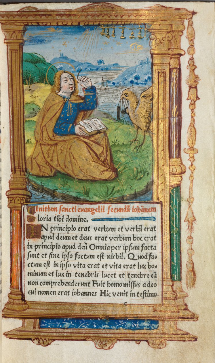 Painettu tuntikirja Rooman käyttö: fol. 17r, St. John on Patmos, 1510. tekijältä Guillaume Le Rouge