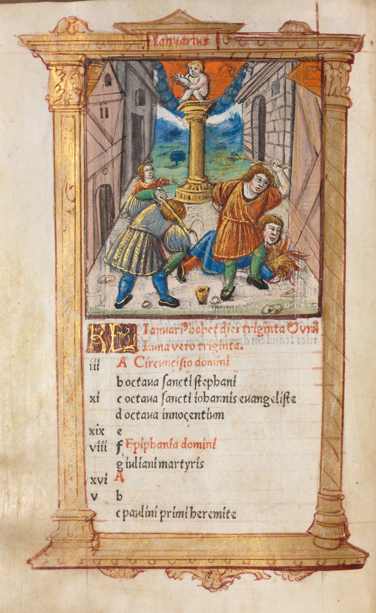 Painettu tuntikirja Rooman käyttö: fol. 2v, tammikuun kalenterikuva, 1510. tekijältä Guillaume Le Rouge