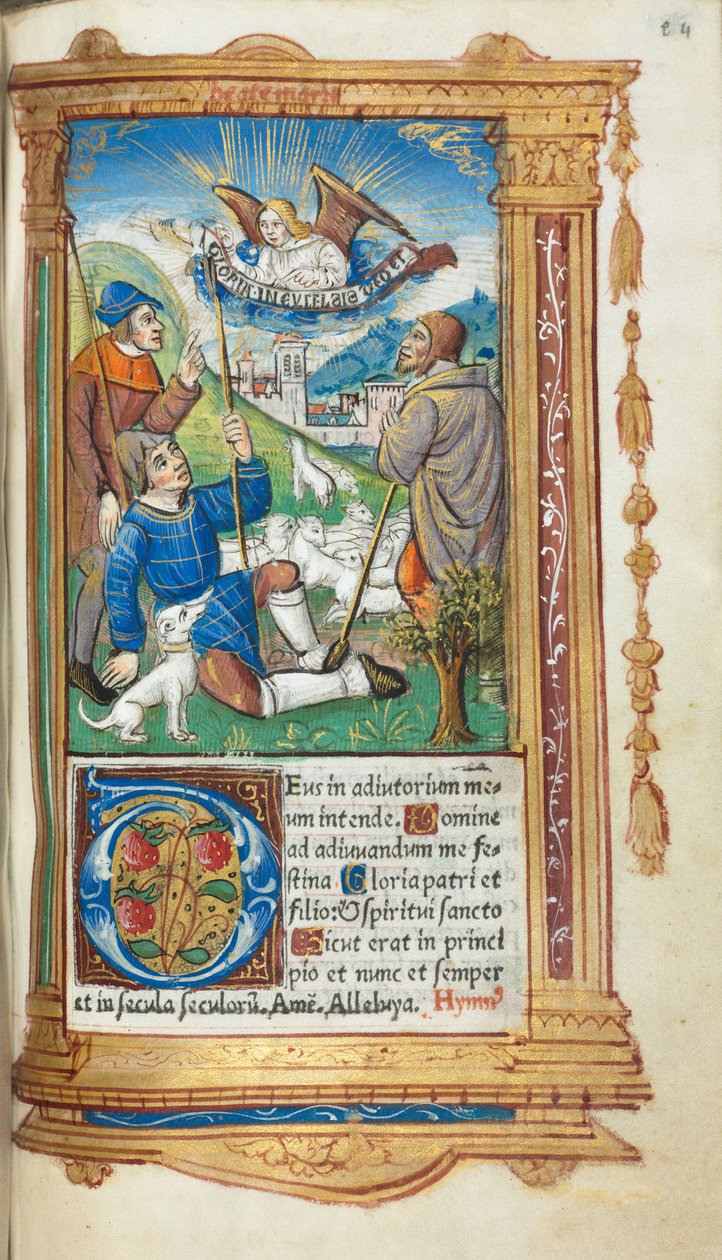 Painettu tuntikirja Rooman käyttö: fol. 36r, Ilmoitus paimenille, 1510. tekijältä Guillaume Le Rouge