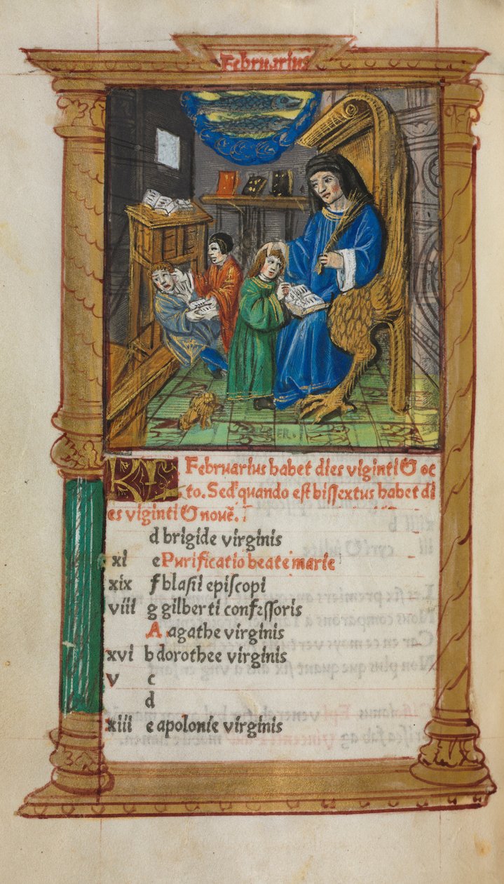 Painettu tuntikirja Rooman käyttö: fol. 3v, helmikuun kalenterikuva, 1510. tekijältä Guillaume Le Rouge