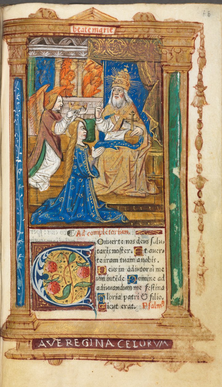 Painettu tuntikirja Rooman käyttö: fol. 45r, Neitsyen kruunaus, 1510. tekijältä Guillaume Le Rouge