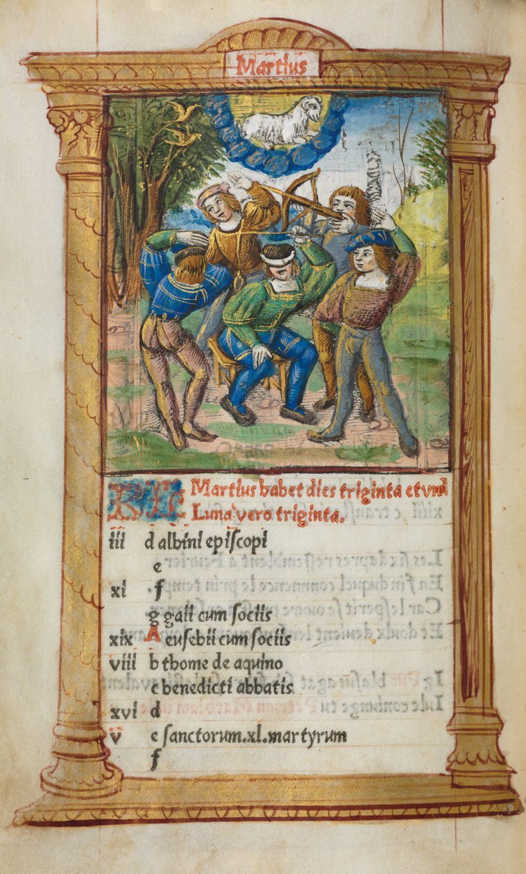 Painettu tuntikirja Rooman käyttö: fol. 4v, maaliskuun kalenterikuva, 1510. tekijältä Guillaume Le Rouge