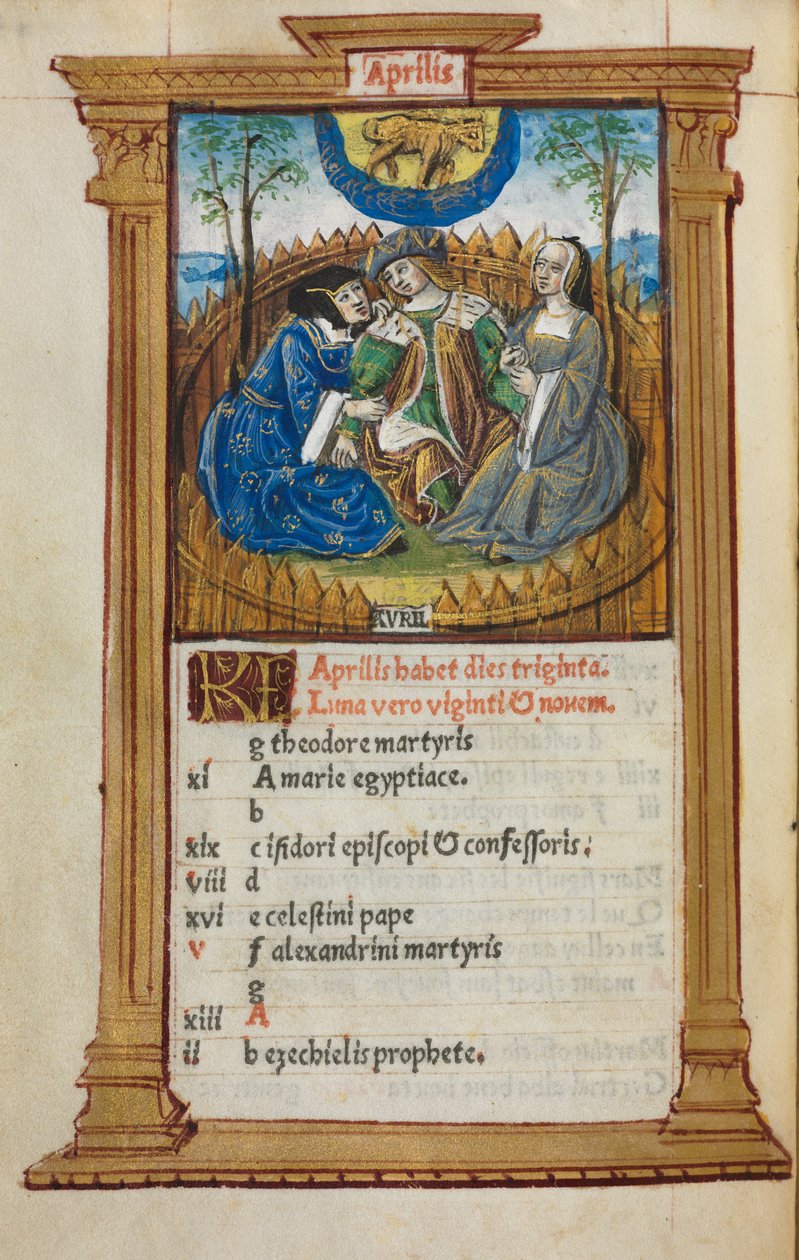Painettu tuntikirja Rooman käyttö: fol. 5v, huhtikuun kalenterikuva, 1510. tekijältä Guillaume Le Rouge