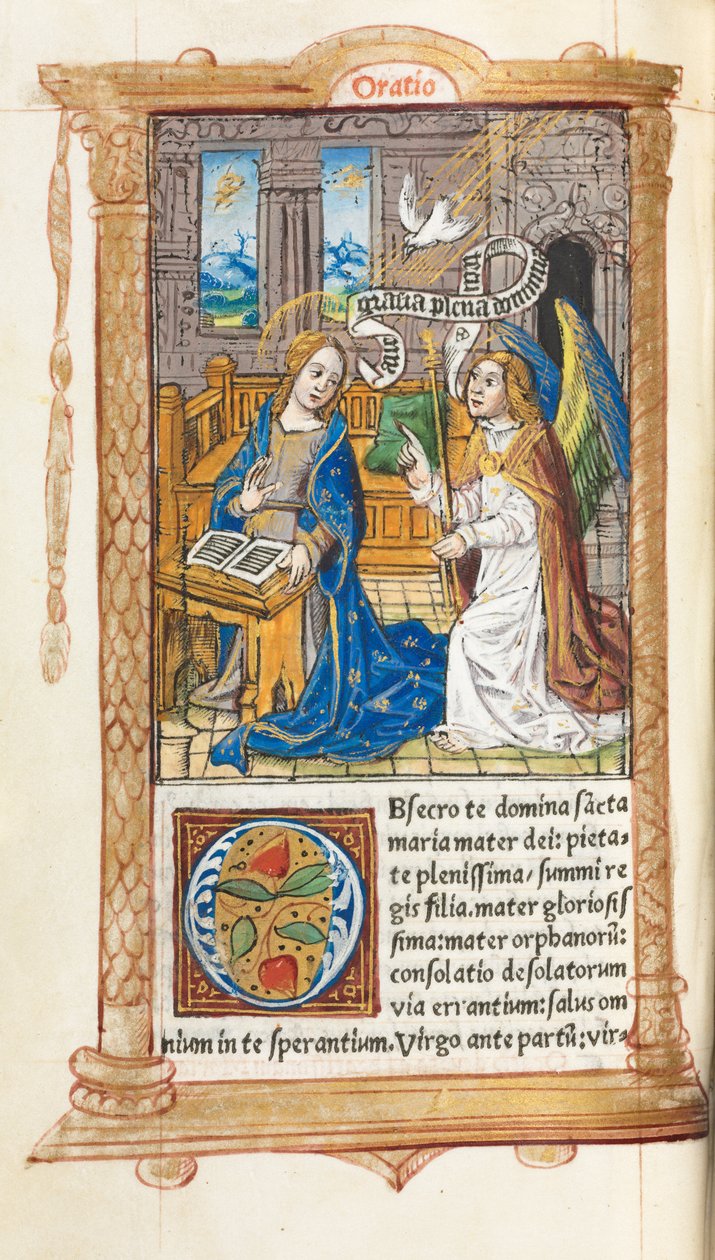 Painettu tuntikirja Rooman käyttö: fol. 60v, Annunciation, 1510. tekijältä Guillaume Le Rouge