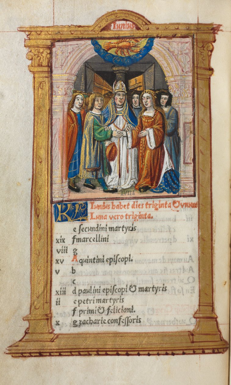 Painettu tuntikirja Rooman käyttö: fol. 7v, kesäkuun kalenterikuva, 1510. tekijältä Guillaume Le Rouge