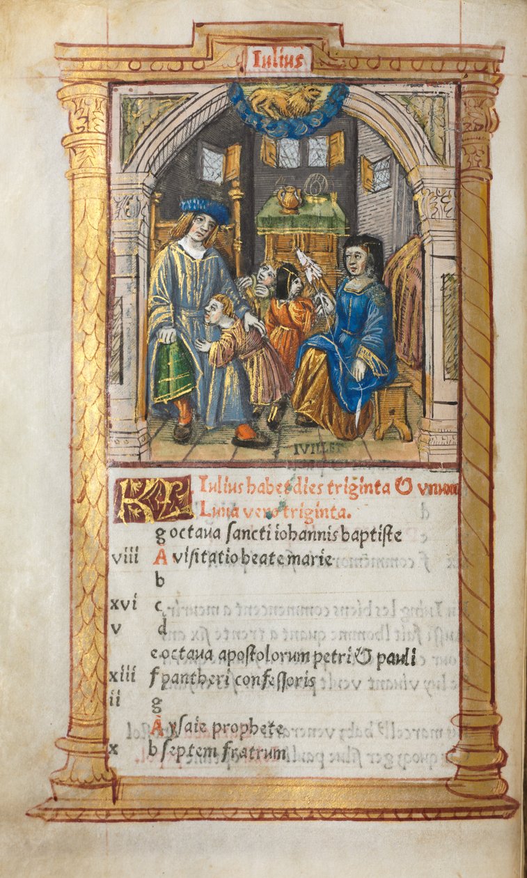 Painettu tuntikirja Rooman käyttö: fol. 8v, heinäkuun kalenterikuva, 1510. tekijältä Guillaume Le Rouge