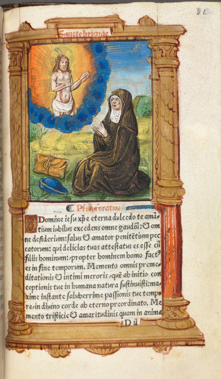 Painettu tuntikirja Rooman käyttö: fol. 90r, Pyhä Birgitta rukouksessa ennen Kristuksen ilmestymistä, tekijältä Guillaume Le Rouge