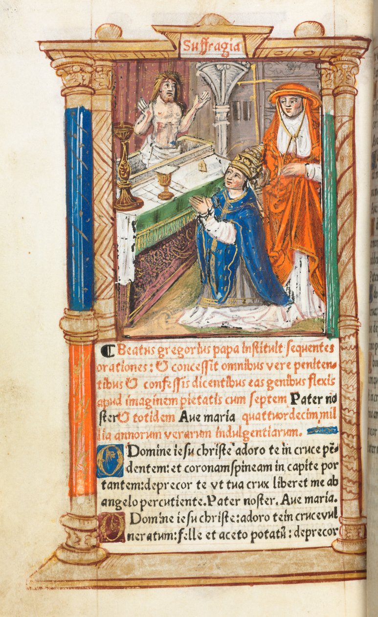 Painettu tuntikirja Rooman käyttö: fol. 96v, St. Gregoryn messu, 1510. tekijältä Guillaume Le Rouge