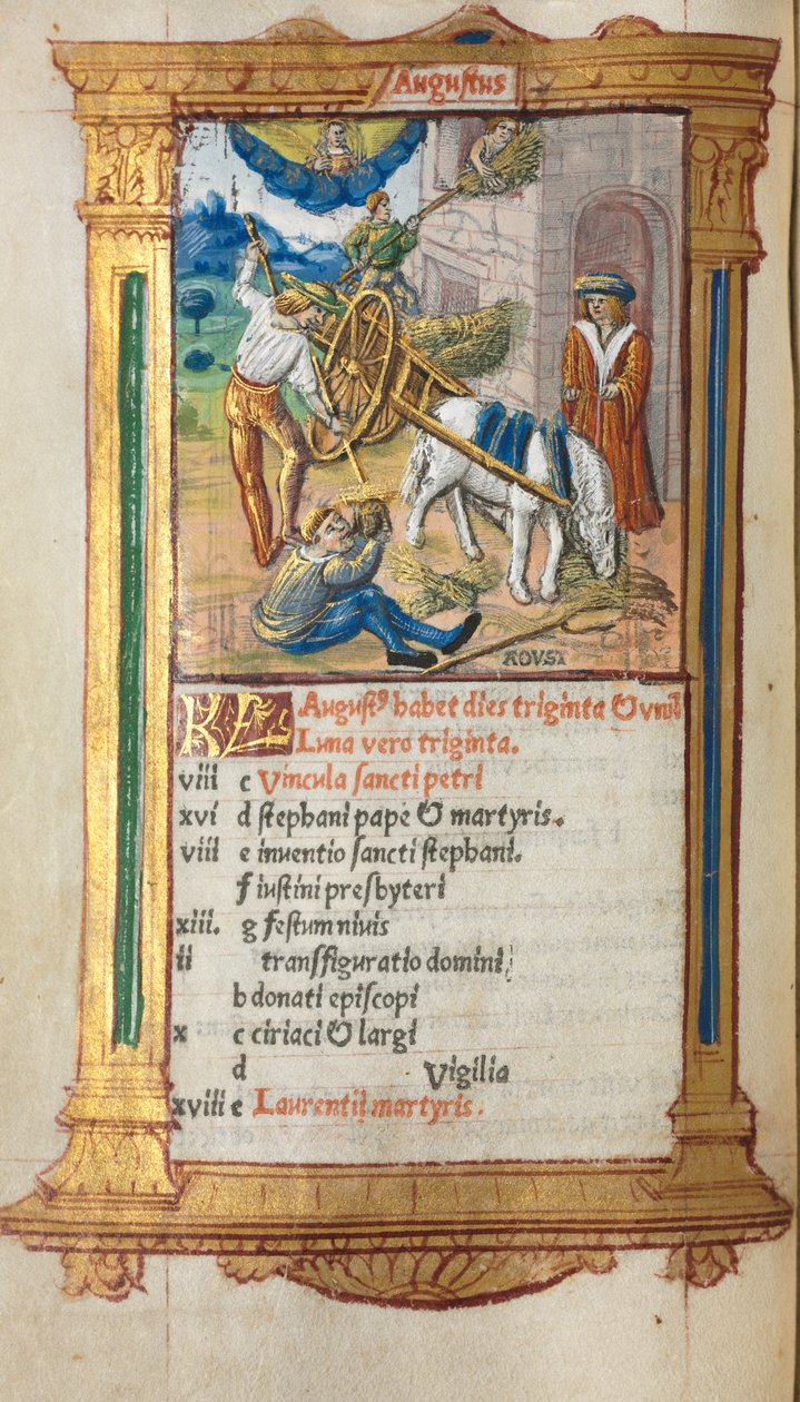 Painettu tuntikirja Rooman käyttö: fol. 9v, elokuun kalenterikuva, 1510. tekijältä Guillaume Le Rouge
