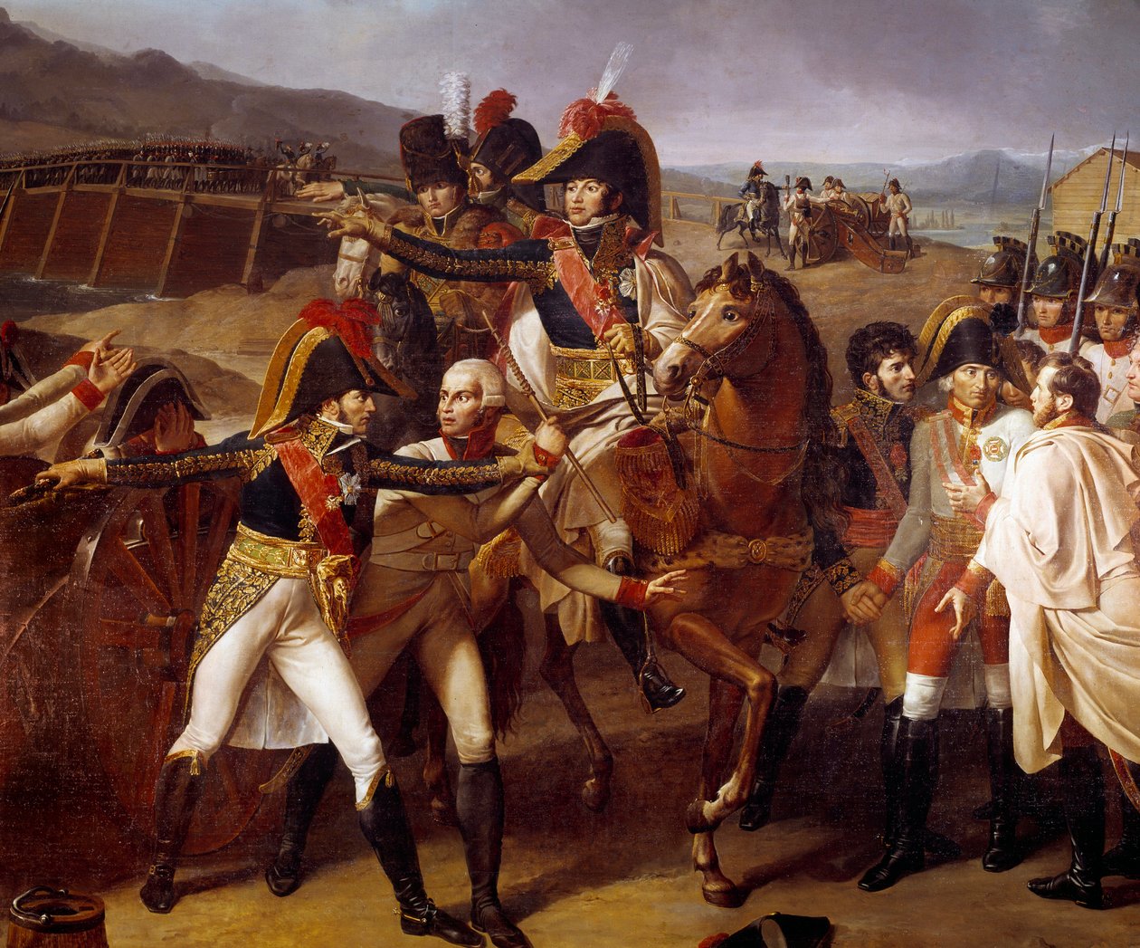 Tabourin sillan yllätys Tonavalla 14.11.1805 Marechaux Lannesin ja Muratin voitto Auerspergin ruhtinasta. Yksityiskohta Jean Lannesista, Montebellon herttuasta (1769-1809), Joachim Muratista (1787-1815) ensimmäisen Tonavan kampanjan aikana. Kipu tekijältä Guillaume Lethiere