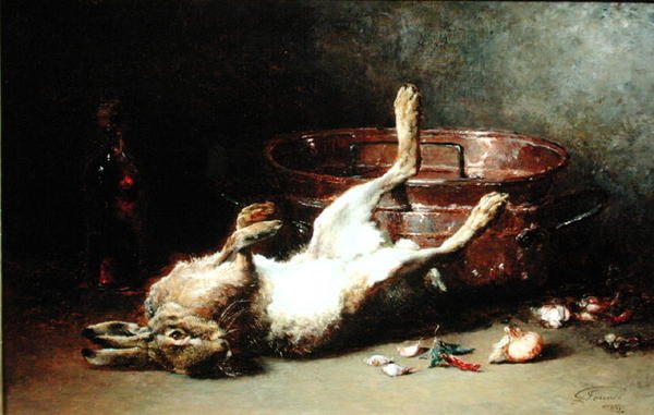 Asetelma jänisen ja patan kanssa, 1886 tekijältä Guillaume Romain Fouace