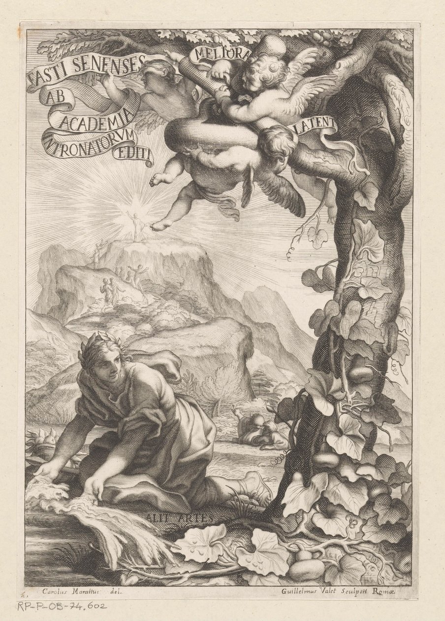 Allegorinen esitys kehutusta naisesta, joka kastelee Calabash-puuta; taustalla hahmot nousevat vuorelle Nimisivu: Giovanni Baptista Ferrari, Fasti Senenses, Ab Academia Intronatorum Editi, 1661 tekijältä Guillaume Vallet