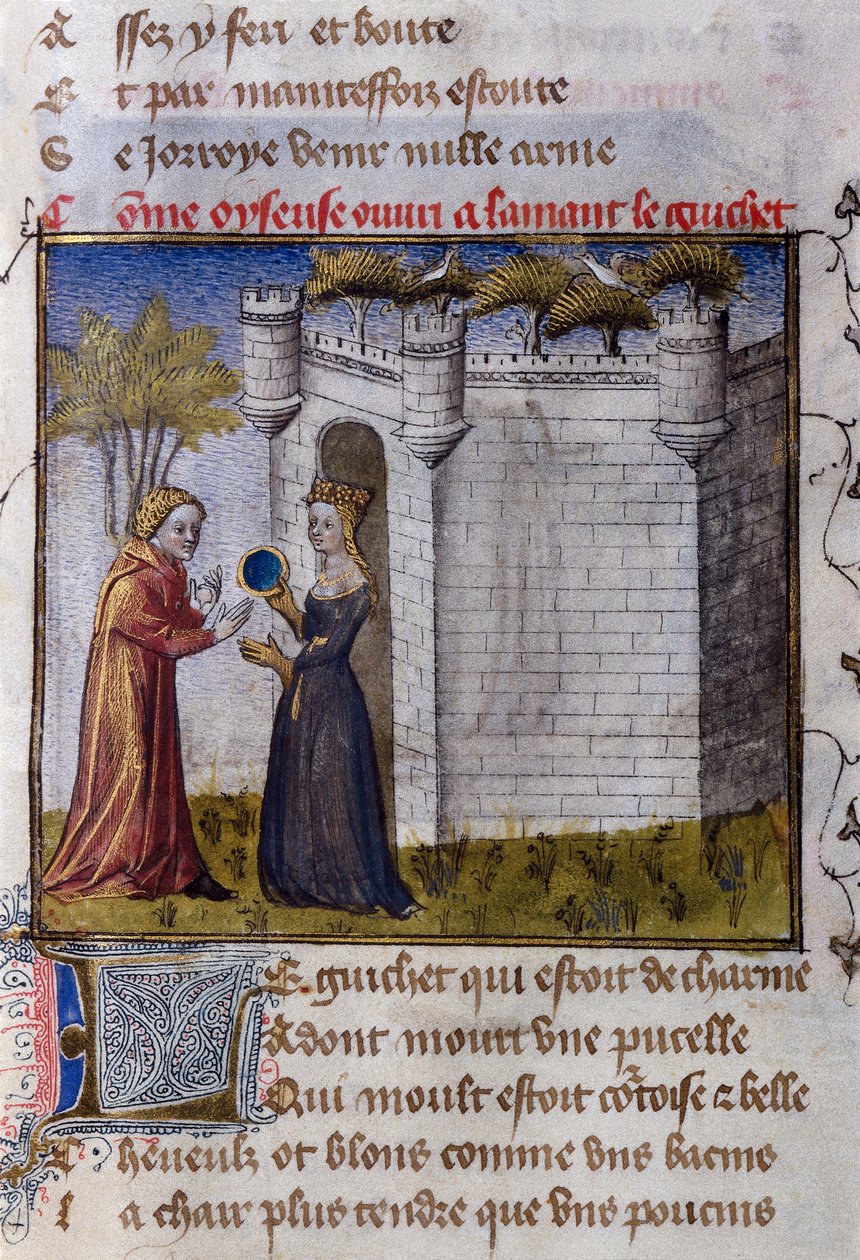 Mahtava kohtaus kahden rakastajan välillä: tyttö kutsuu rakastajansa sisään. Miniatyyri Guillaume de Lorrisin teoksesta "Le Romanesque de la Rose". tekijältä Guillaume de Lorris