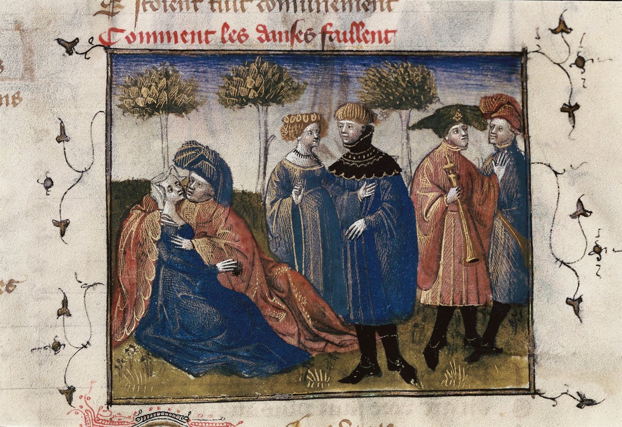 Upea kohtaus hoviherroista, miniatyyri Guillaume Lorrisin "Roman de la Rose" tekijältä Guillaume de Lorris