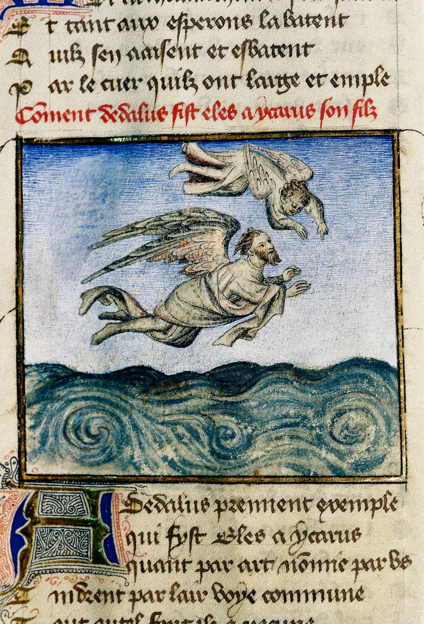 "" Dedale ja Icarus "" (Ikarus ja Daedalus) Paetakseen Minokseen Dedale työntää poikansa Ikaruksen lentämään pois vahasiipiensä ansiosta. Guillaume Lorrisin miniatyyri käsikirjoituksesta "" Ruusun roomalainen" tekijältä Guillaume de Lorris