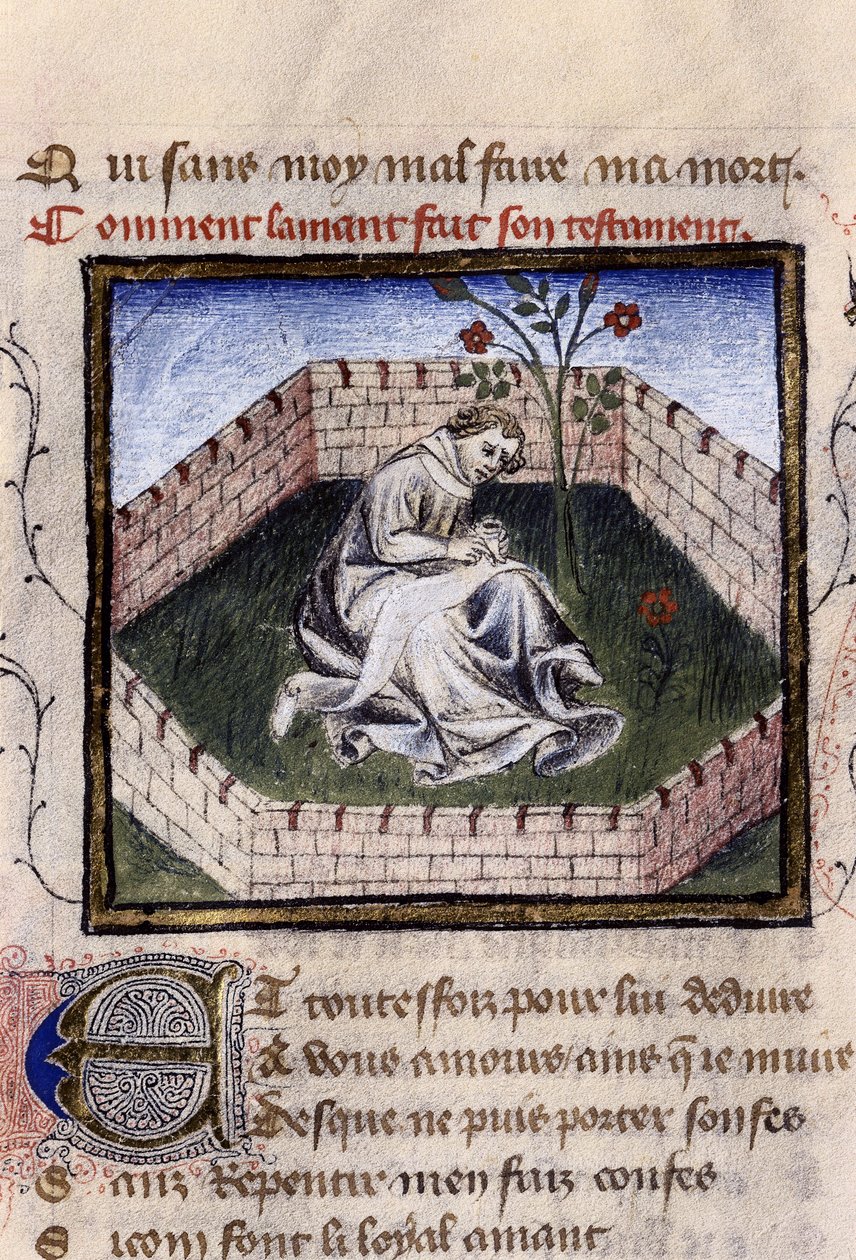Esitys nuoresta rakastuneesta pojasta herkkujen puutarhassa löytämässä Narcissuksen suihkulähteen, pienoismalli Guillaume Lorrisin "Roman de la Rose" tekijältä Guillaume de Lorris
