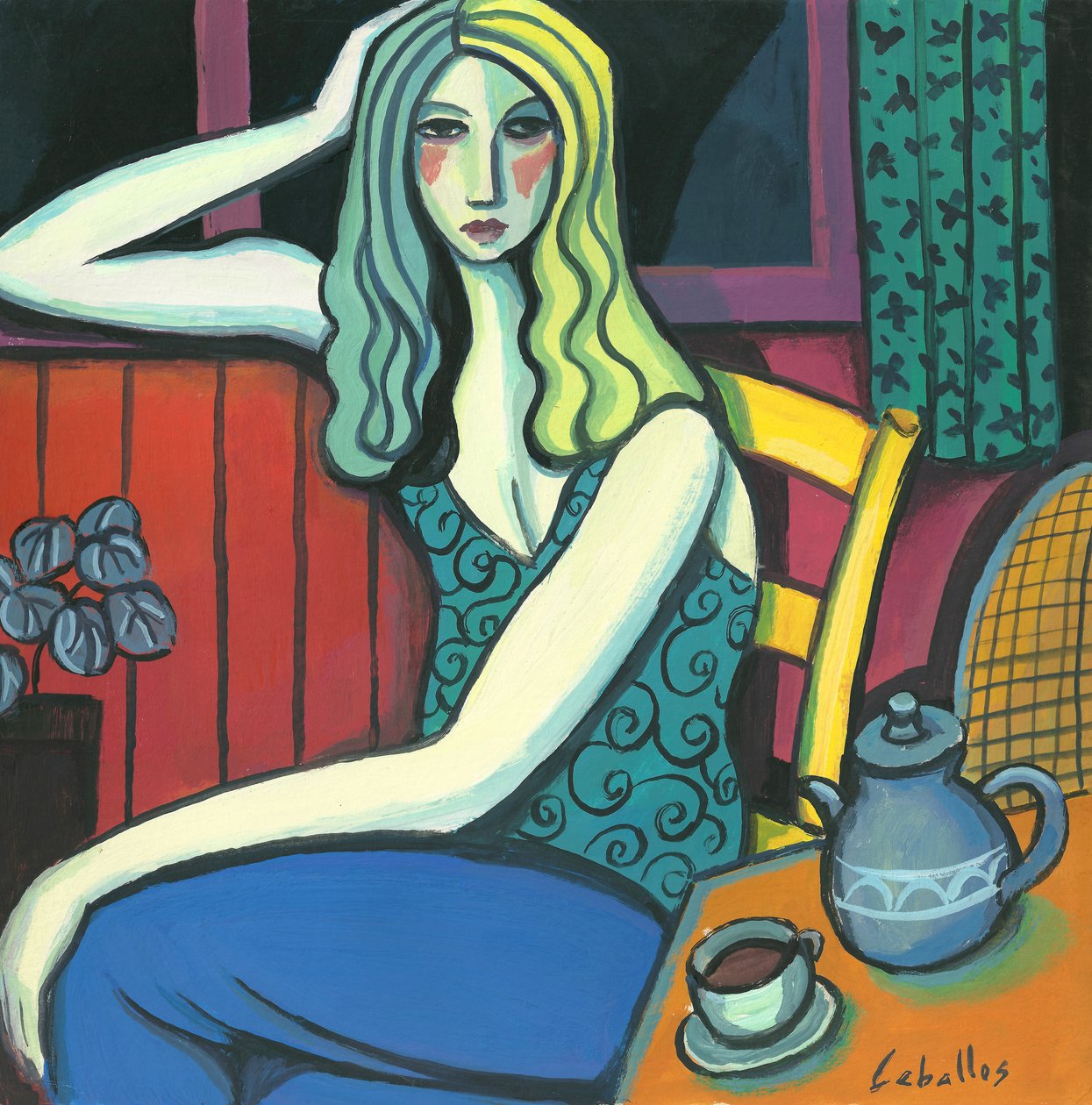 Tyttö juo teetä, 2008 (guassi paperille) tekijältä Guillermo Martí Ceballos