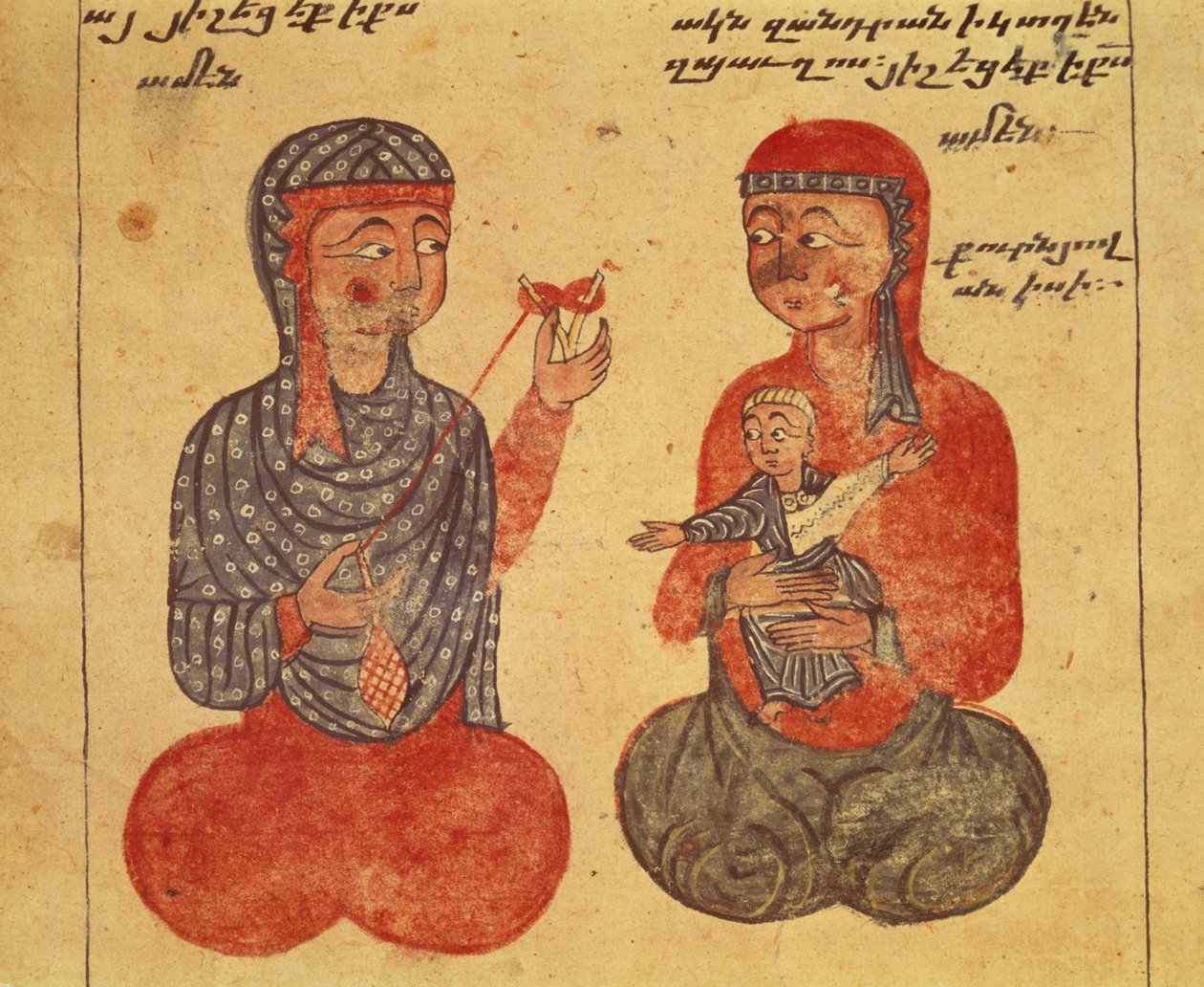 Ms 481 fol.10r The Sister of Ovanes ja hänen seuraajansa kehrämässä villaa, evankeliumista tekijältä Guirages